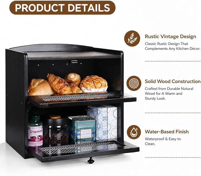 Large Wooden Bread Box for Kitchen Countertop, 2-Tier, Black | Clear Acrylic Window Spacious Bread Storage Farmhouse Style Pantry Organization For Homemade Bread and Bagels