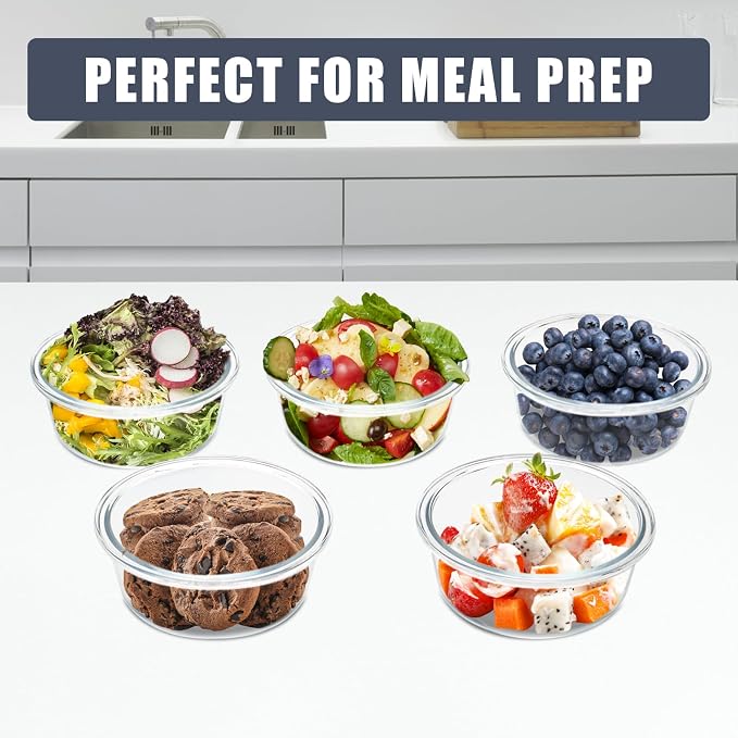 6 Pack 13oz Small Round Glass Meal Prep Containers with Airtight Lids | Perfect for Small Portions, Glass Food Storage Containers with Lids, Freezer to Microwave Safe, Dishwasher Safe