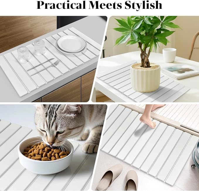 Large Stone Dish Drying Mat for Kitchen Counter, Foldable Quick Drying Dish Mats, Ultra Absorbent Diatomaceous Earth Mats for Dishes Bottles Cups, Match Any Countertop (White 28"×16" & 8"x4")