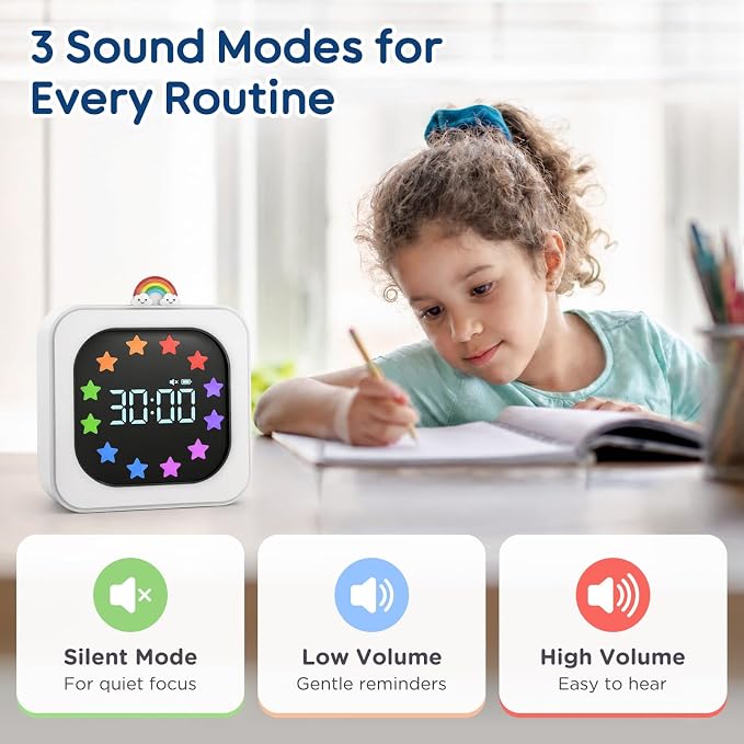 Digital Visual Timer for Kids with 12-Star Rainbow Display & 9 Color Modes | 99-Minute Count-Up & Countdown Timer with Silent Mode & Pause for Classroom, Home, Kitchen, Rechargeable, Blue
