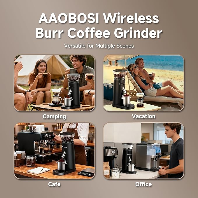 AAOBOSI Cordless Burr Coffee Grinder, Rechargeable with 60 Grind Settings & Anti-Static, Digital Timer Touchscreen, Portable Electric Grinder for Espresso, Pour Over, French Press, Travel, Camping