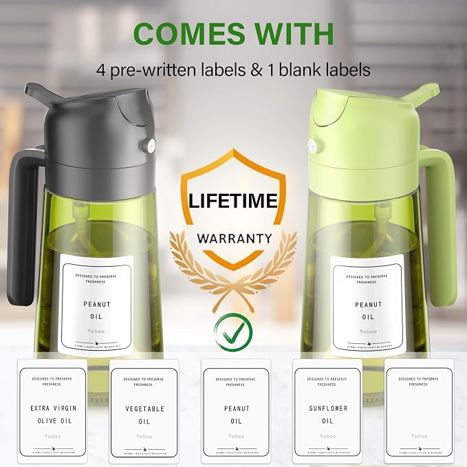 Vakoo 2 in 1 Oil Sprayer and Oil Dispenser for Kitchen - 16oz/470ml Light-Blocking Dark Glass Olive Oil Spray Bottle for Cooking, Air Fryer, Salad & BBQ (Black&Green)
