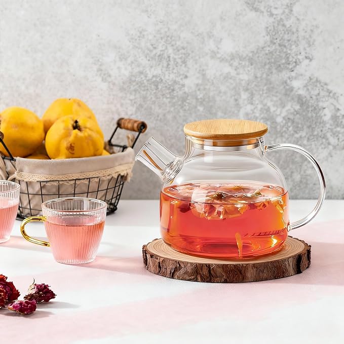 PARACITY Glass Tea Kettle Stovetop, Clear Glass Teapot with Infuser, 34oz | Transparent borosilicate tea maker has removable 18/8 stainless steel infuser and bamboo lid for loose leaf or blooming tea