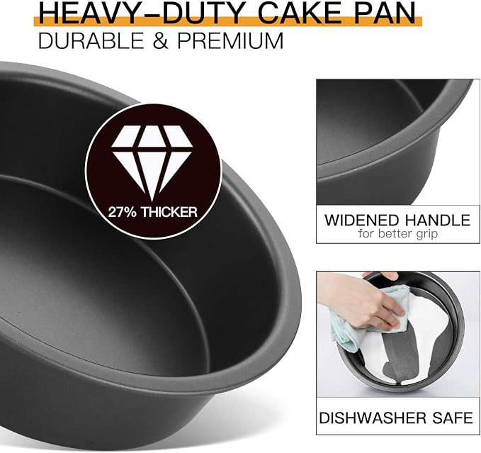 Round Cake Pan Set for Baking, 8 Inch, Nonstick Deeper Circle Cake Pans with Wider Grips, 2 Pieces Layer Cake Tin, Cheesecake Mold, Huty Duty, Dishwasher Safe - Grey