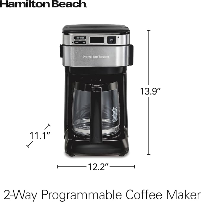 Hamilton Beach FrontFill 12 Cup Programmable Drip Coffee Maker | Regular & Bold Brew Options | Auto Pause and Pour | Glass Carafe | Black with Stainless Accents | 46310