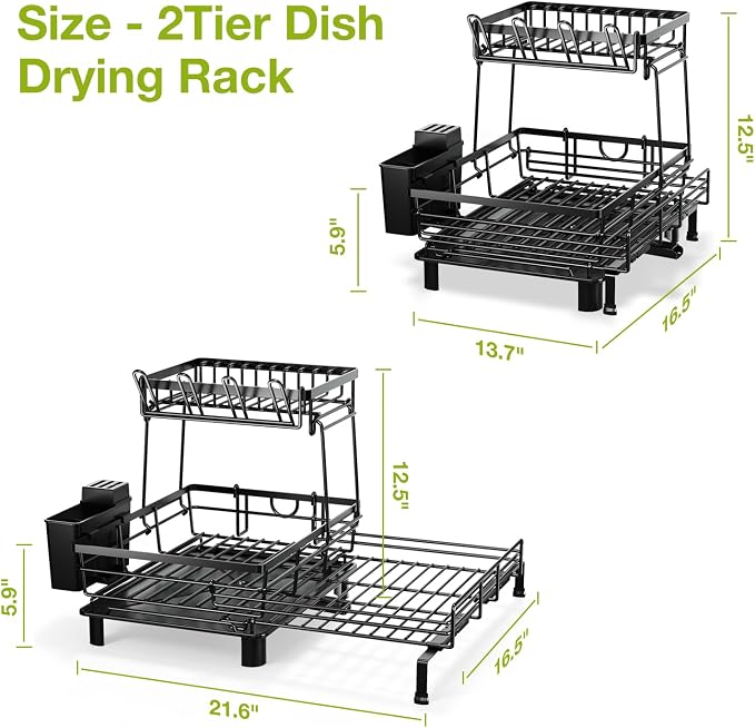 2-Tier Expandable Dish Drying Rack for Kitchen Counter, White | Large Capacity Dish Rack Organization, Heavy-Duty Carbon Steel, 17 lbs Capacity, Swivel Drain Spout & Cup Hooks
