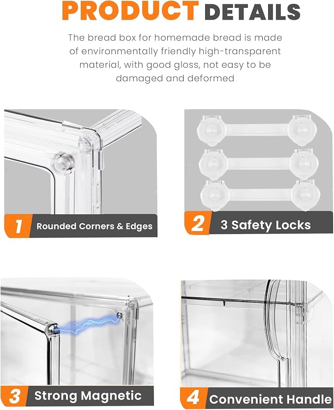 Bread Box,Large Bread Boxs for Kitchen Countertop - 4 Layers Adjustable Bread Storage Container, Clear Boxes for Kitchen Counter, Breads Box Airtight,Bread Holder,Perfect for Bagel, Muffins