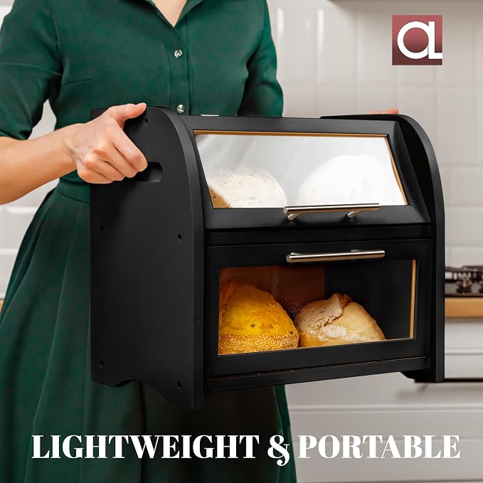 Arise Stylish Bamboo Bread Box for Kitchen Countertop, Extra Large 2-Shelf Wooden Bread Storage Container with Clear Windows and Air Vents Keep Bread, Bagels and Rolls Fresh, Self Assembly | Bread Storage Container with Clear Windows & Air Vents, Bread...
