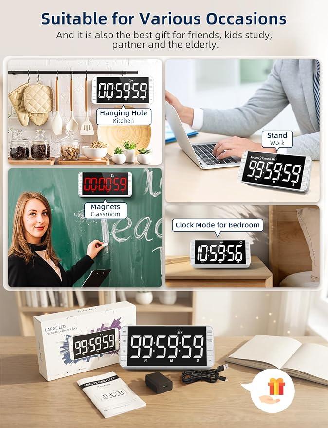 Large 7.8" Digital Timer with LED Display, Magnetic for Kitchen & Classroom | USB-C Rechargeable Timer with 99-Hour Count Up & Countdown, 3 Brightness Levels, 5 Alarm Sounds, 4 Volume Levels for Study