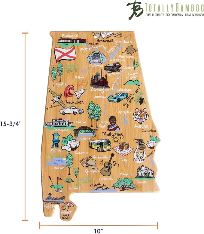 Totally Bamboo Alabama State Shaped Cutting Board, Art by Fish Kiss | State charcuterie board with colorful hand-drawn map artwork. Smooth reverse side for food prep. Hang tie for wall display.