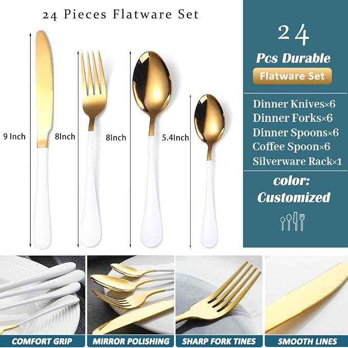 24 Pieces Silverware Set, Stainless Steel Flatware Set with Silverware Holder Spoons Forks Knives,Utensils Set Service for 6,Gold Mirror Polished and Matte Painted Cutlery Set (White)