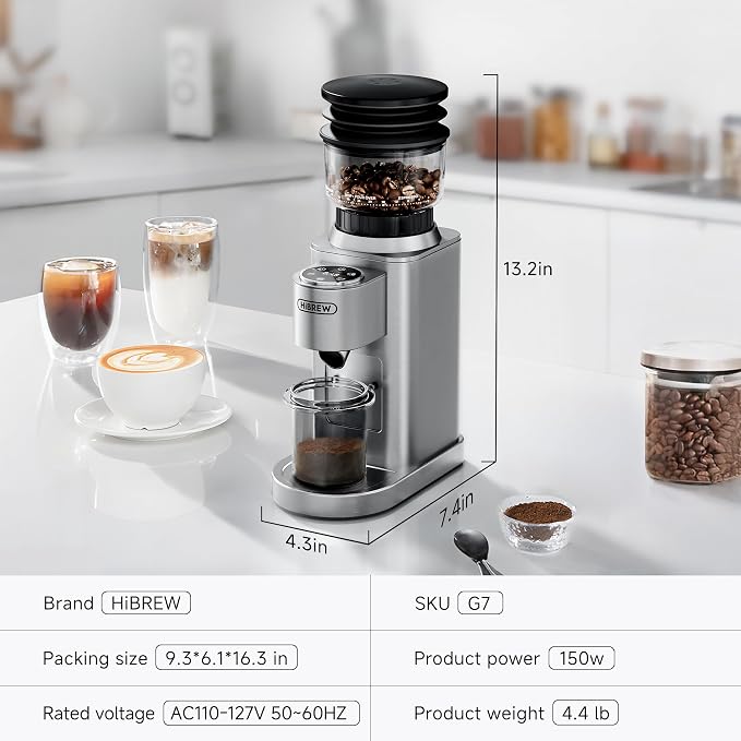 HiBREW G7 Electric Coffee Grinder, 48 Precise Grind Settings, 350g Hopper | Direct Dosing for Portafilter & Ground Cup, Professional Conical Burr Anti-Static Tech, Ideal for Espresso & French Press