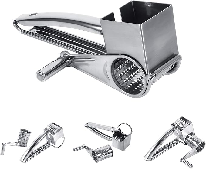 Mouli Grater Stainless Steel Cheese Grater Silver 20cm | MultiFunctional Rotary Kitchen Tool, For Slicing Shredding and Grating, Cheese and Vegetables, Home Kitchen