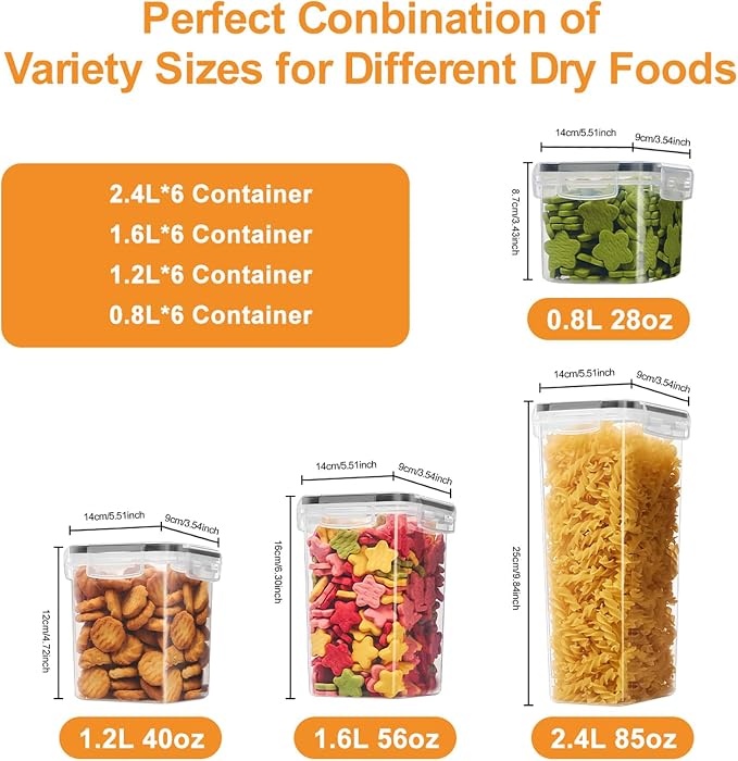 24 PCS Airtight Food Storage Containers with Lids, Plastic Kitchen and Organization Canisters for Cereal, Dry Food, Flour and Sugar, BPA-Free, PVC-Free, Includes 24 Black Labels & Marker