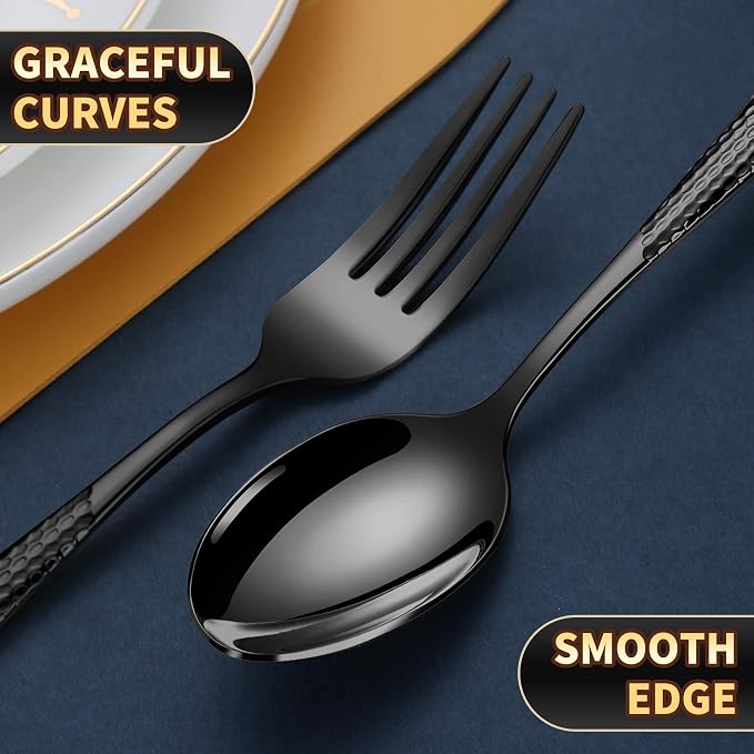 Hammered 30-Pieces Set Black Silverware Set for 6 with Serrated Forging Knives,18/10 Stainless Steel Modern Flatware Set,Unique Cutlery Set,Mirror Polished,Dishwasher Safe