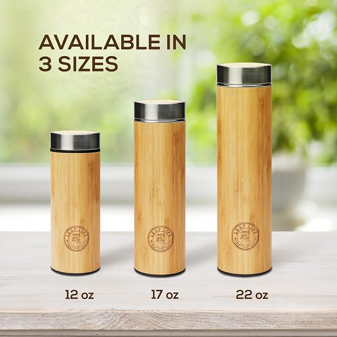 LeafLife Premium Bamboo Tea Tumbler with Infuser for Loose Leaf Tea | Insulated Coffee Bottle, Stainless Steel Gift Set, Leakproof Travel Mug, 22oz