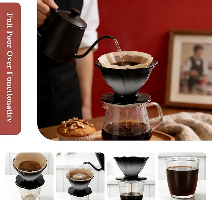 Premium Ceramic Pour Over Coffee Dripper,Includes 40pcs Coffee Filter Papers, suitable for home and travel, Flower Petal Dripper(Gradient Black) (Gradient Black)