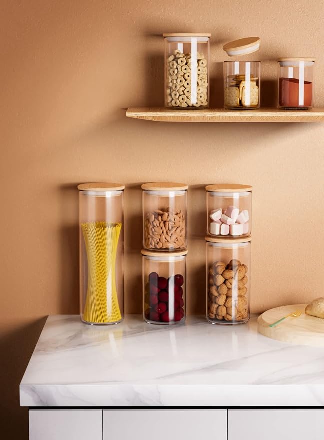 12 Oz Glass Jars with Bamboo Lid 3mm Thick Upgrade Clear (8 Pack) | Airtight, Thickened Glass, For Loose Leaf Tea Spice Herb Seasoning, Kitchen, Pantry, Food Storage Containers