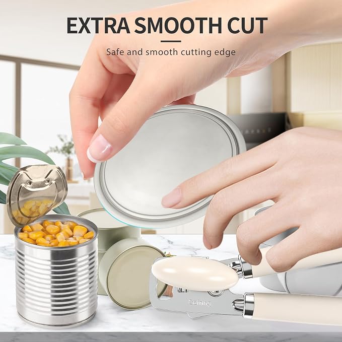 Safring Can Opener Manual, Heavy Duty Stainless Steel Smooth Edge Can Openers With Soft Touch Handle, Oversized Handheld Easy Turn Knob, Multi-Function Bottle Opener, Beige