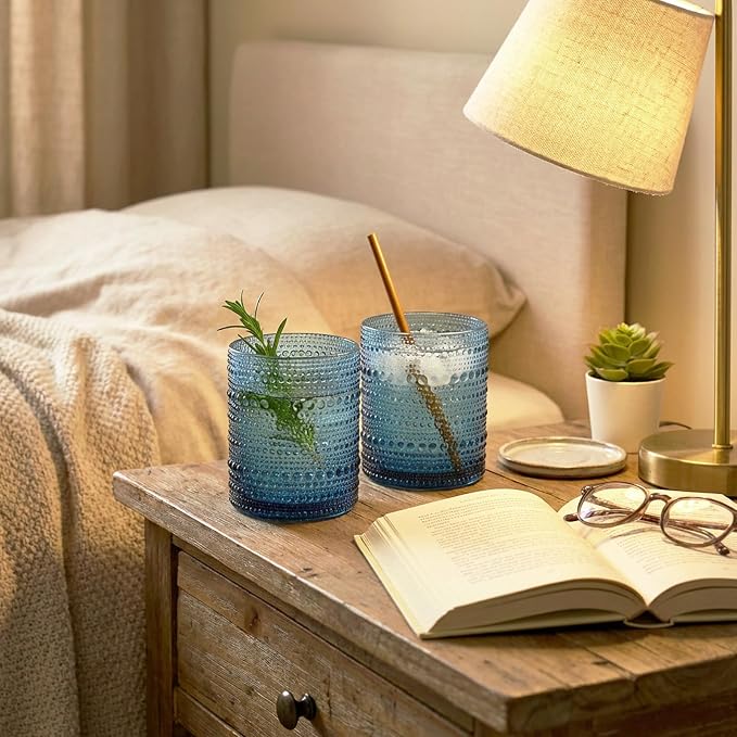 Moretoes 10oz Blue Hobnail Drinking Glasses Set of 6 Cocktail Glasses | Vintage Old Fashion Glassware, Textured Glass Cups Bubble Glasses Water Glasses Jupiter Glasses Set