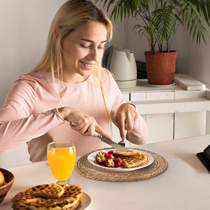 13.8'' Round Woven Placemats Set of 8, Boho Wicker Chargers, Terrekraft | Handmade from Natural Water Hyacinth, Heat-resistant & Non-slip Rattan Chargers, Rustic Farmhouse Decor, Party & Daily Dining