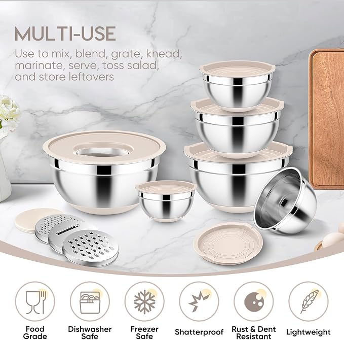 E-far 25PCS Mixing Bowls with Lid Set, Stainless Steel Nesting Prep Bowls with Grater Attachments Non-Slip Bottoms for Cooking, Serving, Food Storage, 4.6/2.6/2/1.5/1/0.7QT - Khaki