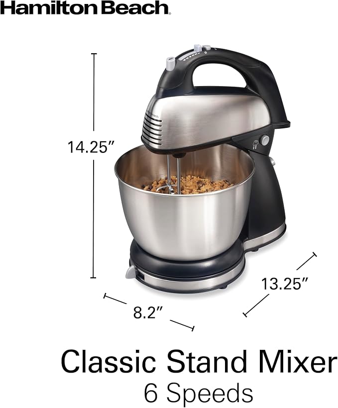 Hamilton Beach Classic Stand and Hand Mixer, 4 Quarts, 6 Speeds with QuickBurst, Bowl Rest, 290 Watts Peak Power, Black and Stainless | 2-in-1 Versatility | QuickBurst For Added Power | 290 Watts Peak Power | Built-In Bowl Rest | Black and Stainless Steel