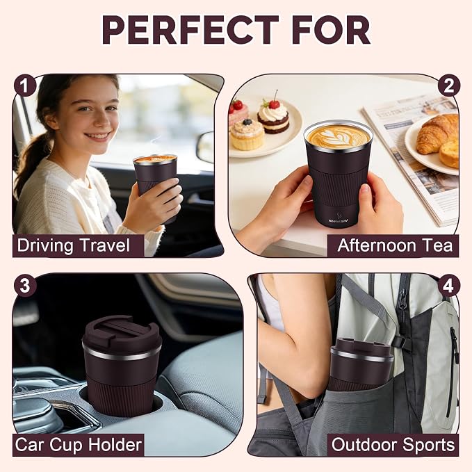 MOMSIV 12oz Travel Coffee Mug, Insulated Coffee Cups with Leakproof Lid | 6-Hour Heat Retention, 360°Leak proof, Vacuum Stainless Steel Double Walled, BPA-free, Reusable And To Go Coffee Mug