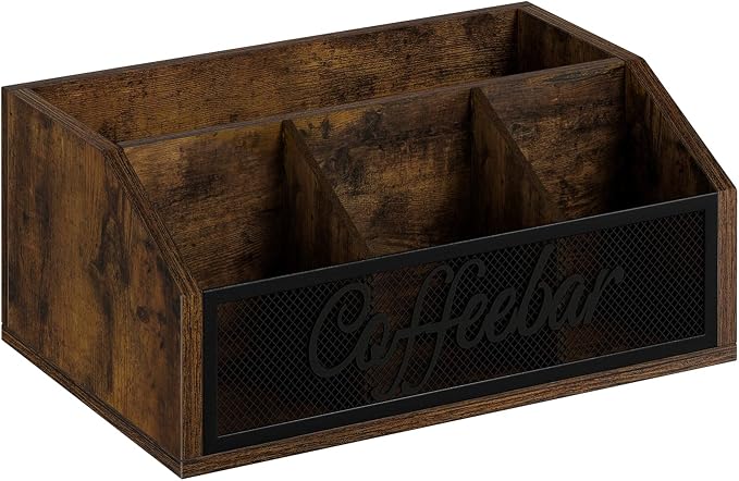 YINMIT Coffee Station Organizer for Countertop, Wood Coffee Bar Organizer with Removable Dividers for Pods, Syrup, Cups, Stirrer, Tea - Office Coffee Bar Accessories, Iron Mesh-Vintage Brown