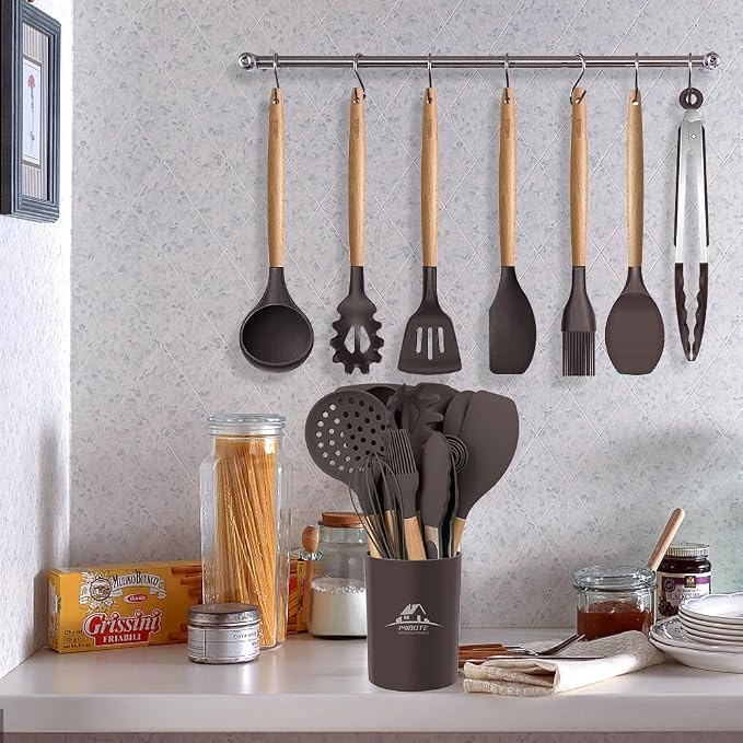 MIBOTE Silicone Cooking Kitchen Utensils Set, Wooden Handle, Coffee | BPA-Free, Non-Toxic Silicone Turner, Tongs, Spatula, Spoon Set – Great for Nonstick Cookware, Heat-Resistant, Easy Clean