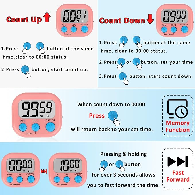 ZILLEEN Digital Kitchen Classroom Timers for Kids Cooking 6pcs Blu Grn Pk | Strong Magnetic, Large Screen, Big Button, Count Up/Down, Loud Alarm, Teacher Classroom Must Haves Supplies