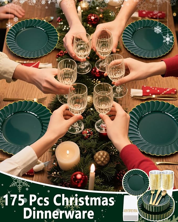 YOUBET 175PCS Green Scalloped Plastic Plates for Party Wedding | Green and Gold Disposable Dinnerware Set Include 50 Plates, 75 Gold Silverware, 25 Cups, 25 Napkins