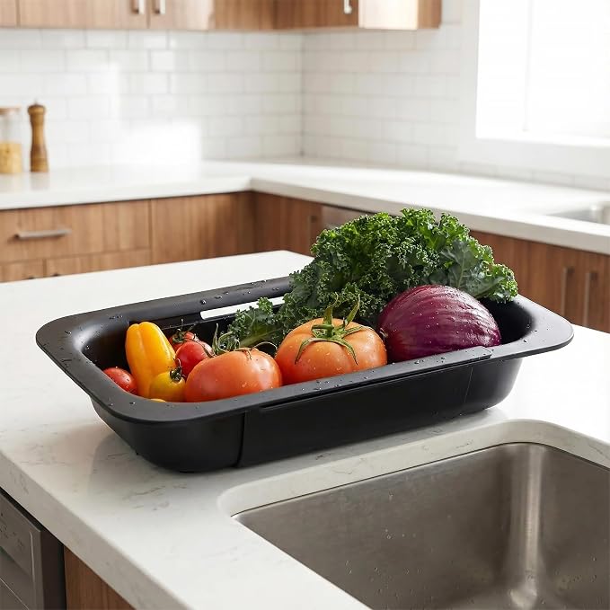 Extendable Colander Strainer Basket, Over the Sink Colander and Strainer for Kitchen, Wash Vegetables and Fruits, Drain Pasta and Dry Dishes, Adjustable Colander from 13.5In to 18.7In, Black