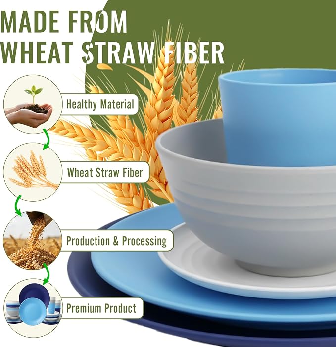 Dinnerware Set 40 PCS Wheat Straw Dishes Set - Service for 8 Unbreakable Plastic Dish Set Microwave Safe Plates and Bowls Sets Lightweight Cups Sets Outdoor Dishes - Island Colors