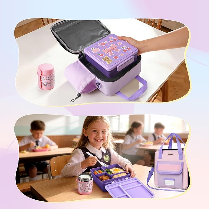 REDSHELL Kids Bento Lunch Box Set, Insulated Lunch Bag for Girls, Purple | Toddler 5-Compartment Lunchbox, Leakproof Food Jar, Snack Container, School Daycare, Bottle Holder, Adjustable Shoulder Strap