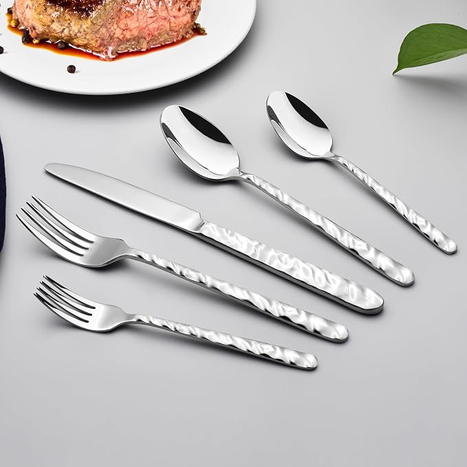 NICE KITCHEN 60 Piece Silverware Set for 12 | Food-Grade Stainless Steel Utensils Set,Wave Style Design & Mirror Polished - Dishwasher Safe