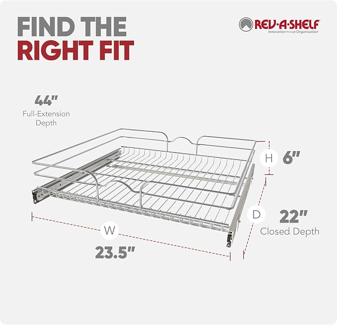 Rev-A-Shelf Pullout Drawer Organizer for Kitchen Cabinets, 24" x 22" | Steel Wire Slide Out Storage Basket, Min Opening Width of 23.5", 5WB1-2422CR-1