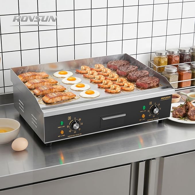 ROVSUN 26" Electric Griddle, Electric Countertop Half Flat Top Griddle, 3200W Grill Stainless Steel with Adjustable Temperature Control 122°F-572°F for Commercial Home Restaurant, Plug