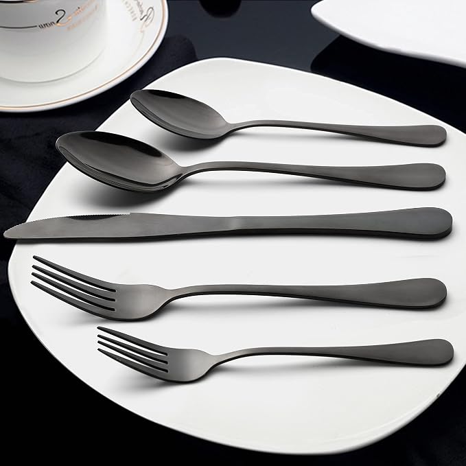 LIANYU Black Silverware Set for 2, 10-Piece Stainless Steel Cutlery Set | Includes Knives, Spoons and Forks, Mirror Polished Dining Flatware Tableware, Dishwasher Safe