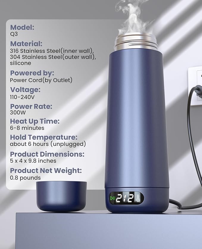 Nicewell Portable Electric Kettle for Travel Global Use 110-240V | Dual Voltage, 316 Stainless Steel, 6 Temp Presets, LCD Display, 370ML, Fast Boil, Auto Shut-Off, Keep Warm, Lightweight