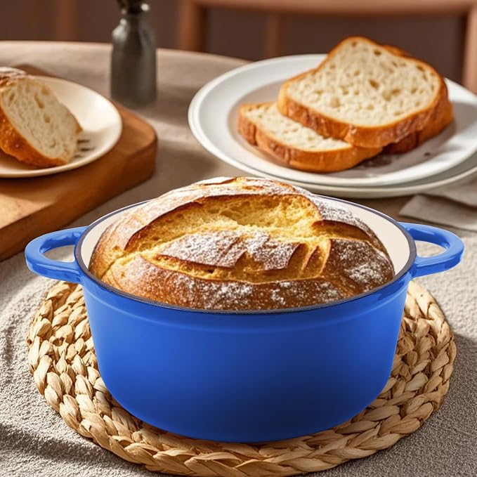 6 Quart Enameled Cast Iron Dutch Oven Pot with Lid Blue | Silicone Accessories, Oven Safe up to 500°F, Non-stick Dutch Oven for Bread Baking, Cooking, Dual Handles Cookware