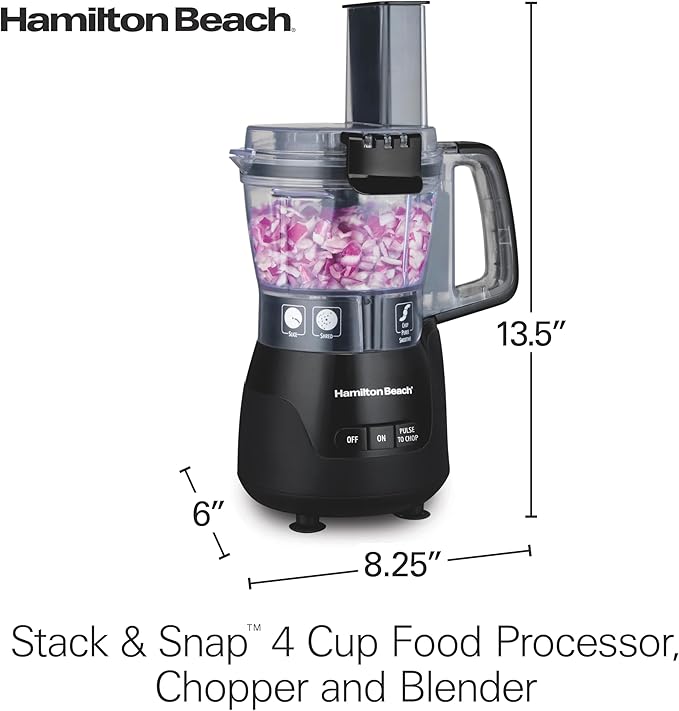 Hamilton Beach Stack & Snap 4-Cup Mini Food Processor & Vegetable Chopper | 250 Watts | Stainless Steel Quad Blade | Easy-Assembly Leak-Proof Bowl | Slicing, Shredding, and Puree | Black | 70510