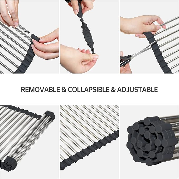 Expandable Roll Up Dish Drying Rack Over The Sink Rack, Foldable Dish Drainer Rack Stainless Steel for Large Sink, Silicone Rollable Collapsible Rack 18 Tube for Kitchen(Sliver,12'' to 21.14”)