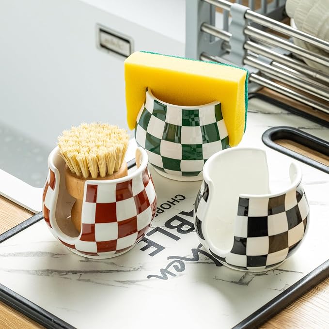 Zoeeker Kitchen Sponge Holder for Sink, Ceramic Checkered Sponge Organizer | Scrubby Caddy Dish Brush Holder Kitchen Storage Accessories for Countertop, Bathroom, Sink, Kitchen Decor, Green and White