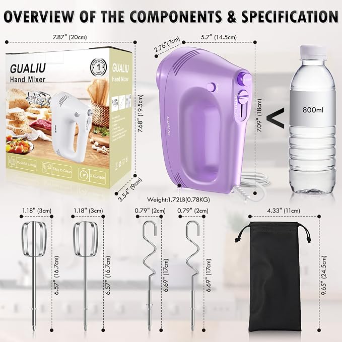 GUALIU Electric Hand Mixer, 304*(2* Beaters, 2* Dough Hooks), (1* Storage Bag) Handheld Mixer for Baking Cakes, Eggs, Cream Food Mixers, Turbo Boost /5 Speed Kitchen Blender PURPLE