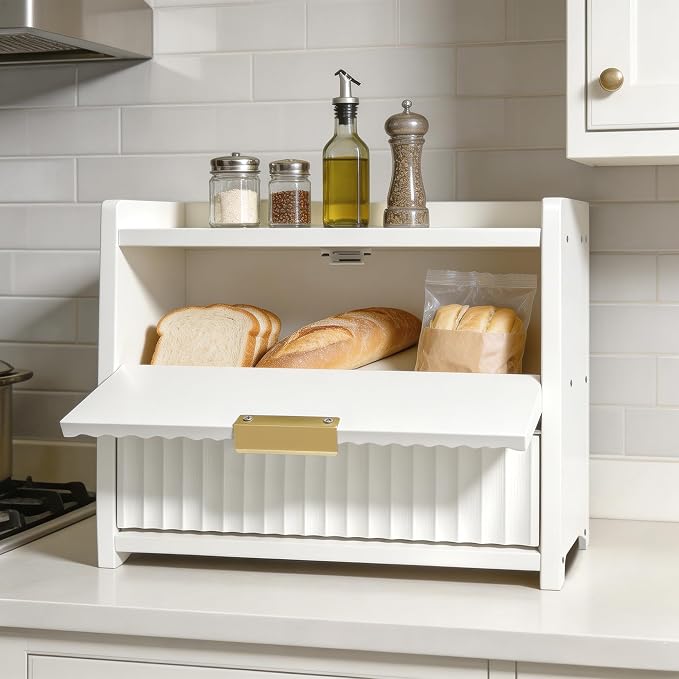 Large Bread Box, White, Double Layer Wooden | Top Shelf, Countertop Organizer Cabinet, For Bread & Coffee Station, Kitchen Essentials Storage