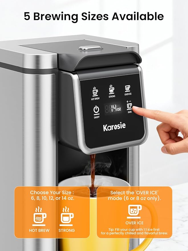 Hot & Iced Single Serve Coffee Maker for Pods & Ground, 50 Oz Removable Water Tank, 6-14 Oz Brew Sizes, One Cup Coffee Maker with Reusable Filter, Strong Brew, Stainless Steel, Black
