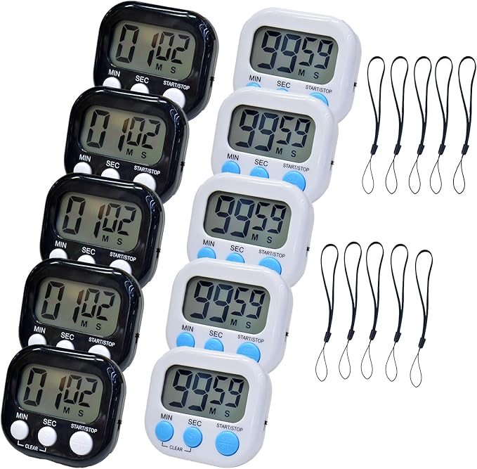 2 Pack Small Digital Kitchen Timer Magnetic Back and On/Off, Classroom Timers for Teachers Kids, Count Up Count Down Loud Alarm Stop Memory Function for Cooking Study Work Exercise (5, Black+White)