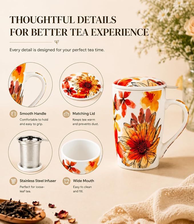 GBhome Tea Mug with Infuser and Lid,18 Ounce Ceramic Loose Leaf Cup Steeper | Lead-Free Glaze For Tea Lovers,Microwave & Dishwasher Safe with Tea Strainer
