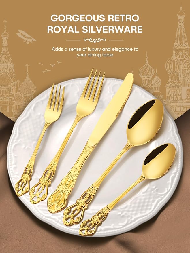 Stapava 30 Pcs Retro Royal Gold Silverware Set, Stainless Steel Gold Utensils Cutlery Set for 6, Gorgeous Flatware Set Include Forks Spoons and Knives set, Dishwasher Safe, Mirror Polished